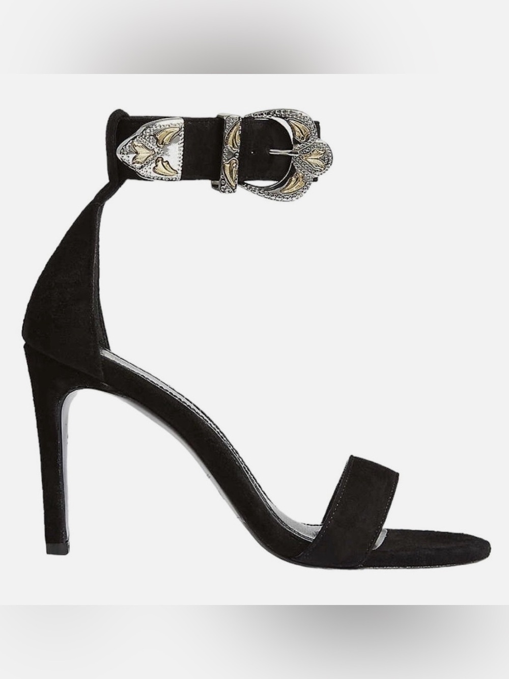Maje Black Suede Ankle-Strap Heel with Gold & Silver Western Buckle